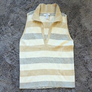 H Halston Heritage Beige and Gray Knit Polo V-neck Sleeveless Rib Top Sz L